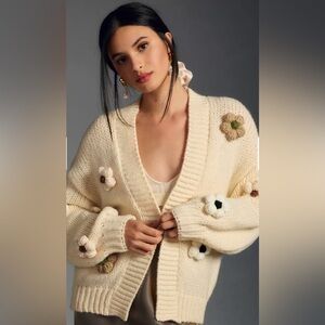 By Anthropologie Chunky 3D Floral Knit Cardigan